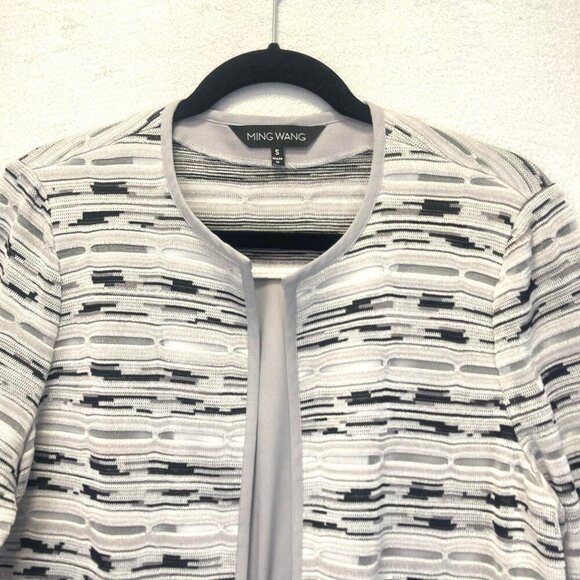 Ming Wang Knit Open Front Jacket Womens Small Gray Black Chiffon Back 3/4 Sleeve - Picture 4 of 16
